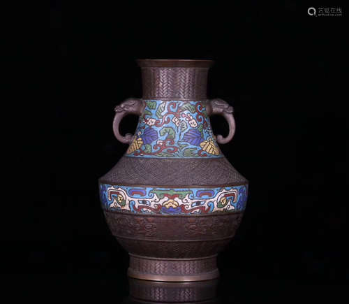 17-19TH CENTURY, A ELEPHANT DESIGN DOUBLE EAR  ENAMEL VASE, QING DYNASTY