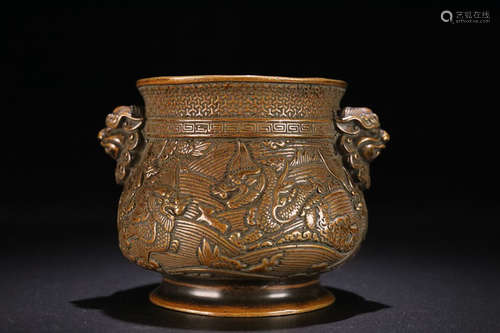 AN OLD ANIMAL PATTERN DOUBLE-EAR BRONZE CENSER