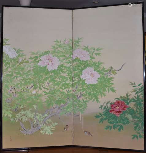 A Japanese 2 panel peoney blossom with sparrow silk screen