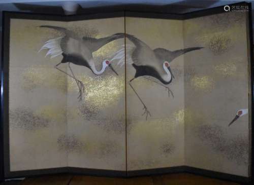 An 8 panel screen of a swoop of cranes on a gold paper background