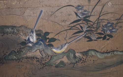 A Japanese 6-panel screen of birds and flowers on a gold background