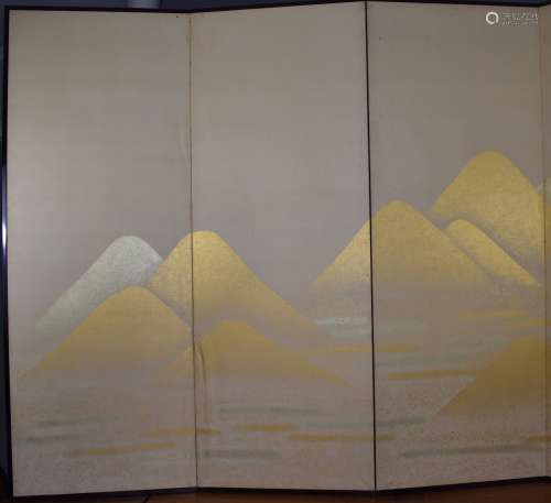 A 6 panel screen of gold and silver mountains above clouds painted on paper