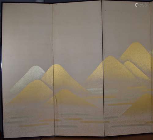 A 6 panel screen of gold and silver mountains above clouds painted on paper