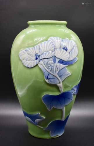 A large green glazed lotus vase by artist Keichi