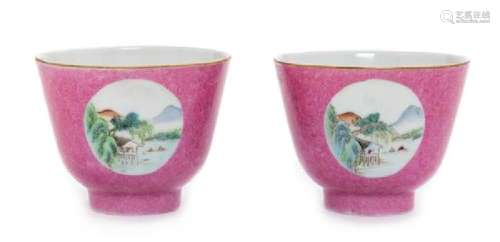 * A Pair of Pink Enameled Sgrafitto Porcelain Wine Cups