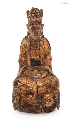 A Gilt Lacquered Wood Figure of Guanyin Height 15 1/2