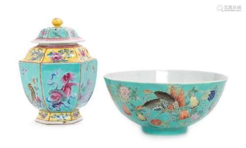 * Two Turquoise Ground Famille Rose Porcelain Articles