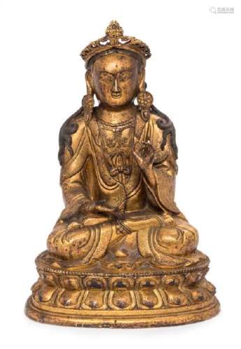 A Sino-Tibetan Gilt Bronze Figure of Guanyin Height 9