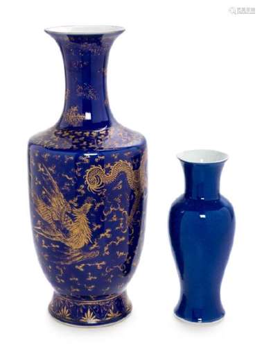 * Two Blue Glazed Porcelain Vases Height of taller 17