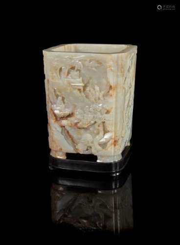 A Pale Celadon and Russet Jade Brushpot, Bitong Height
