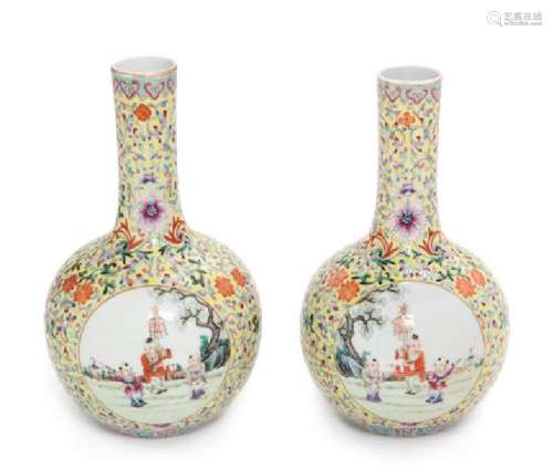 * A Pair of Yellow Ground Famille Rose Porcelain Bottle