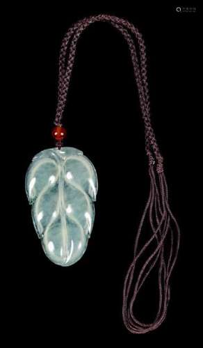 A Jadeite Leaf-Form Pendant Length 2 inches.