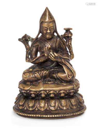 A Sino-Tibetan Gilt Bronze Figure of Lama Height 5 1/2
