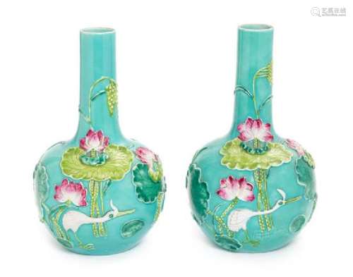 A Pair of Fahua Style Porcelain Bottle Vases Height of