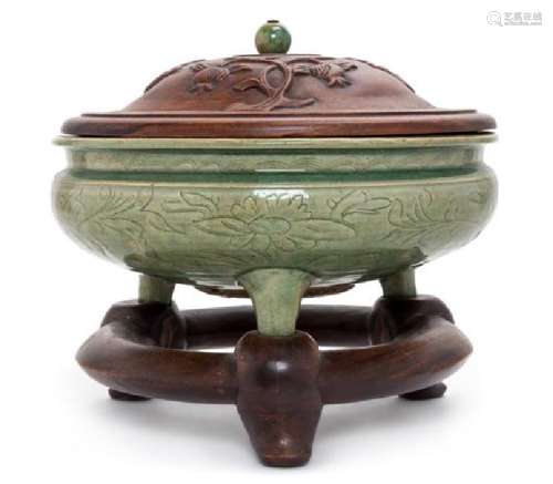 A Large Longquan Celadon Porcelain Tripod Censer