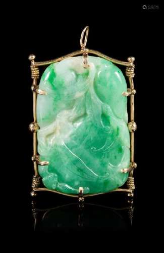 A Gold Mounted Jadeite 'Peach and Bat' Brooch Length 2