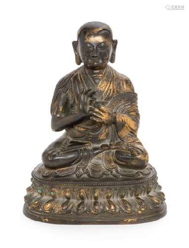 A Sino-Tibetan Parcel Gilt Bronze Figure of Guru Height