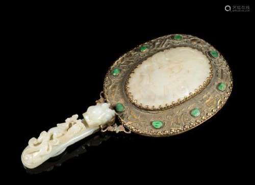 A Jade Inset Silver Hand Mirror Length 10 1/4 inches.