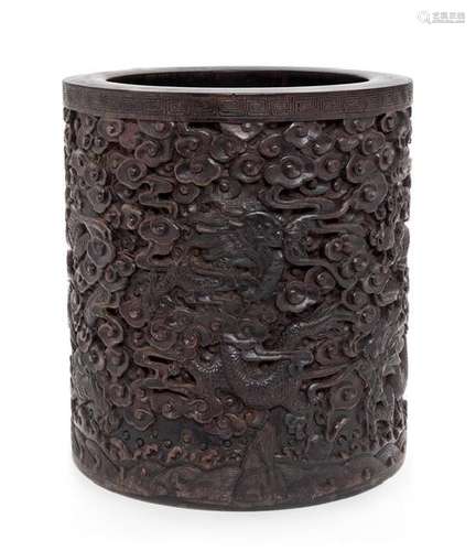 A Carved Rosewood Brush Pot Height 9 1/4 inches.