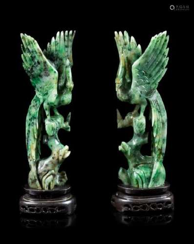* A Pair of Spinach Jade Figures of Birds Height of