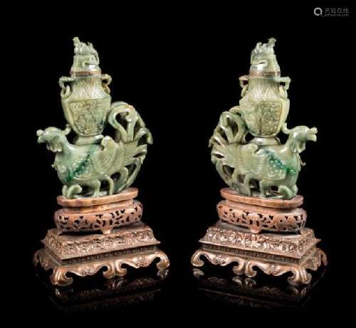 A Pair of Carved Celadon Jade Animal-Form Covered