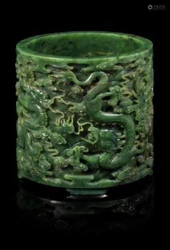 A Spinach Jade 'Dragon' Brushpot, Bitong Height 6 3/8