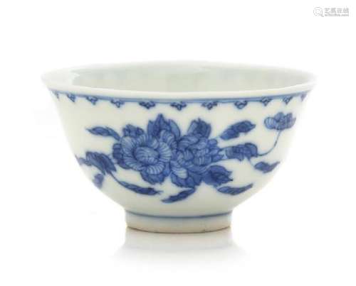 A Blue and White 'Peony' Porcelain Cup Height 1 7/8