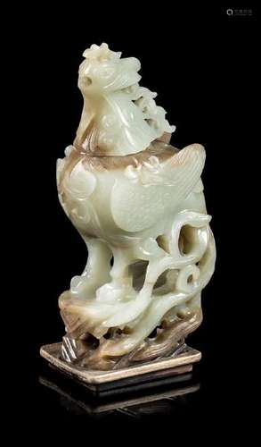 * A Russet and Celadon Jade Phoenix-Form Covered Vessel