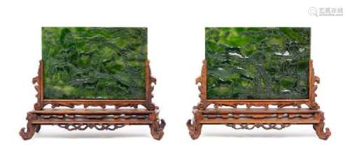 A Pair of Carved Spinach Jade Inset Hardwood Table