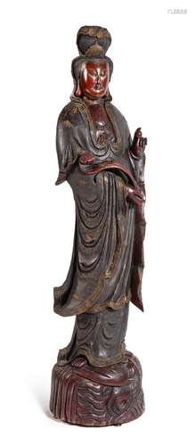 * A Large Carved Wood Figure of Guanyin Height 74 1/2