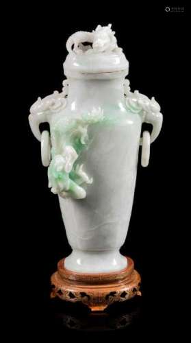 * A Jadeite 'Dragon' Covered Vase Height 9 3/4 inches.
