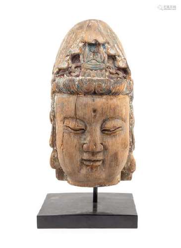 * A Large Carved Wood Head of Guanyin Height 19 1/2