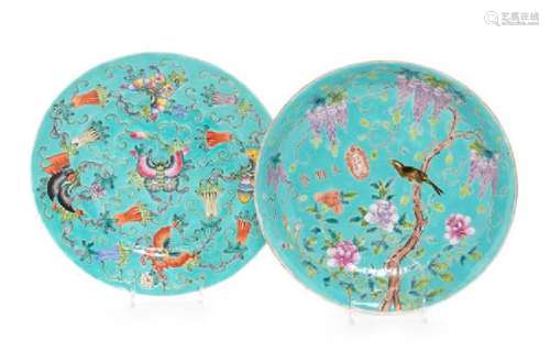 * Two Turquoise Ground Famille Rose Porcelain Plates