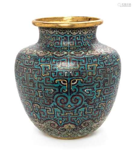 A Large Cloissone Enamel Jar Height 16 1/2 inches.