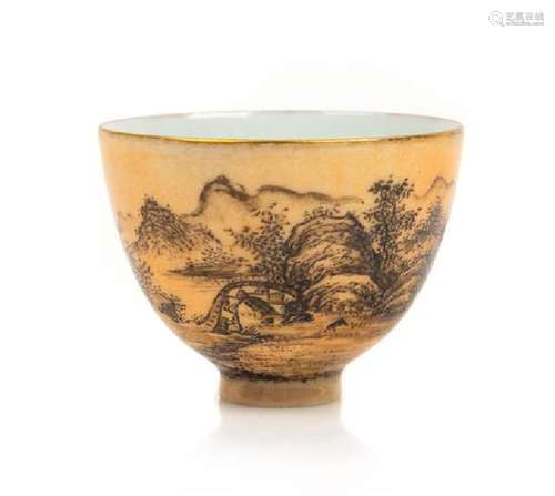 * An Apricot Yellow Ground Grisaille Porcelain Wine Cup