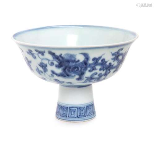 A Blue and White Porcelain Stem Bowl Height 3 1/2