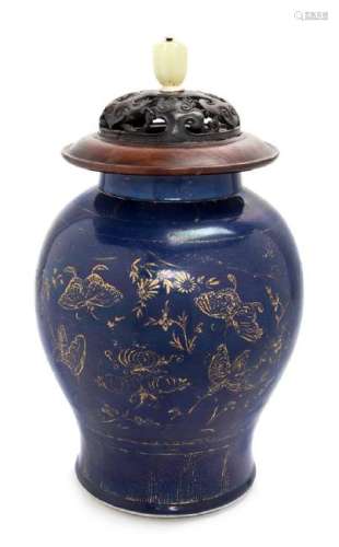 A Gilt Decorated Blue Glazed Porcelain Covered Jar