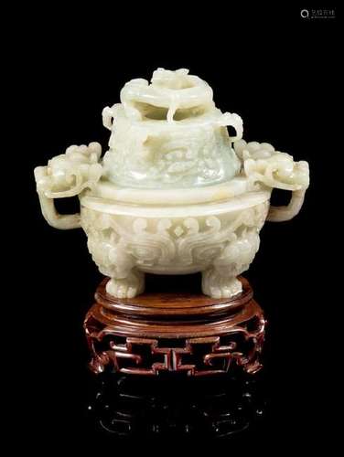 * A Celadon Jade 'Taotie' Incense Burner Height 4 3/4