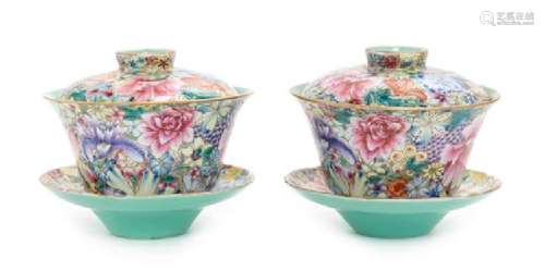 * A Pair of Famille Rose Porcelain 'Millefleur' Tea