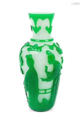 * A Green Overlay White Peking Glass Bottle Vase Height