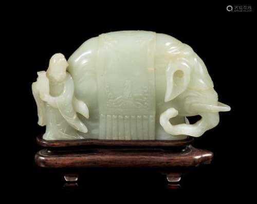 A Celadon Jade Figural Group of an Elephant and an
