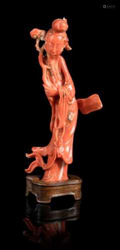 A Carved Red Coral Figure of a Lady Height 4 1/8