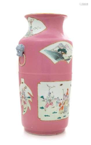 A Pink Ground Famille Rose Porcelain Vase Height 16