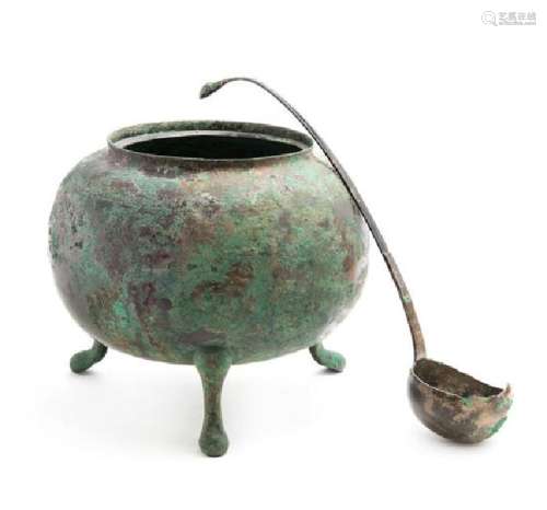 A Large and Rare Bronze Tripod Tureen and Ladle