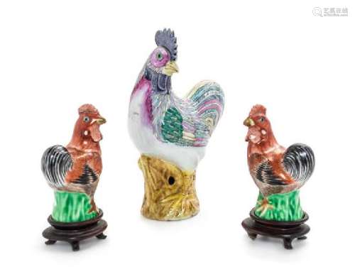* Three Chinese Export Porcelain Figures of Roosters