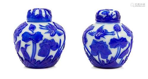 * A Pair of Sapphire-Blue Overlay White Peking Glass