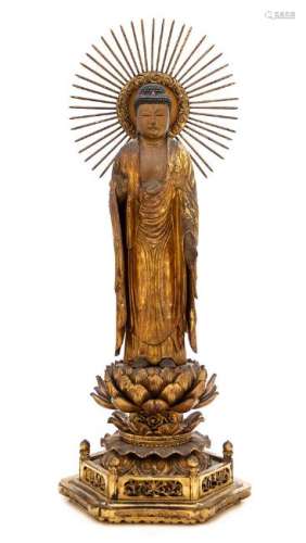 A Japanese Gilt Lacquered Wood Figure of Buddha Height