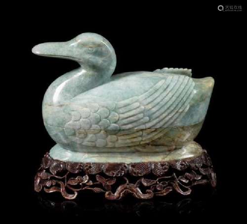 * A Green Jadeite Duck-Form Covered Box Height 5 1/4