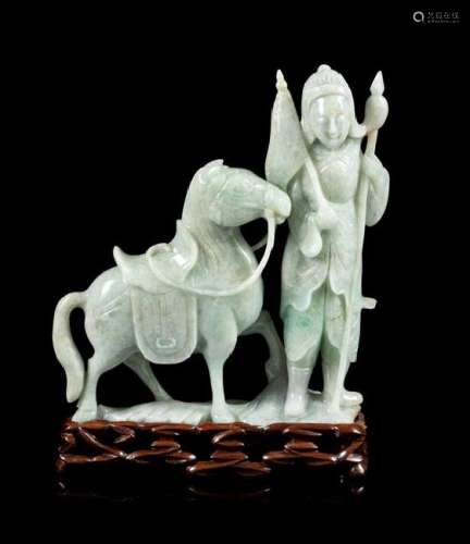 * A Green Jadeite Figural Group of a Warrior and a