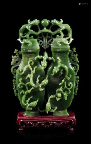 * A Spinach Jade Double Vase Height 8 1/2 inches.